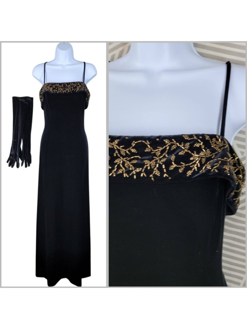 Evening Gown Velvet Dress Sz 14 Prom Event Beaded Gloves Long Maxi Black Vintage